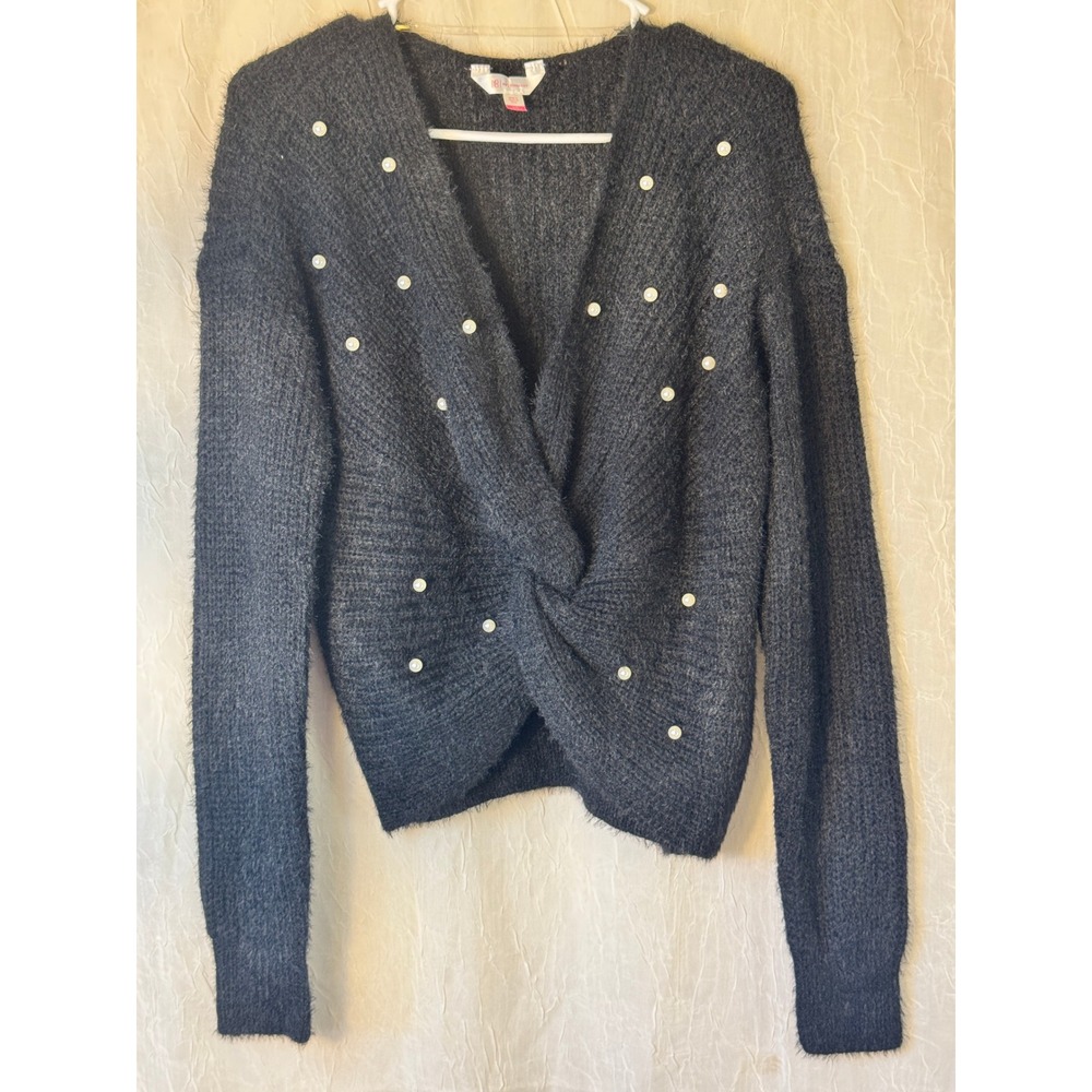 Twist Front Sweater Women Small Black Faux Pearl Embellished V-Neck - Picture 3 of 8